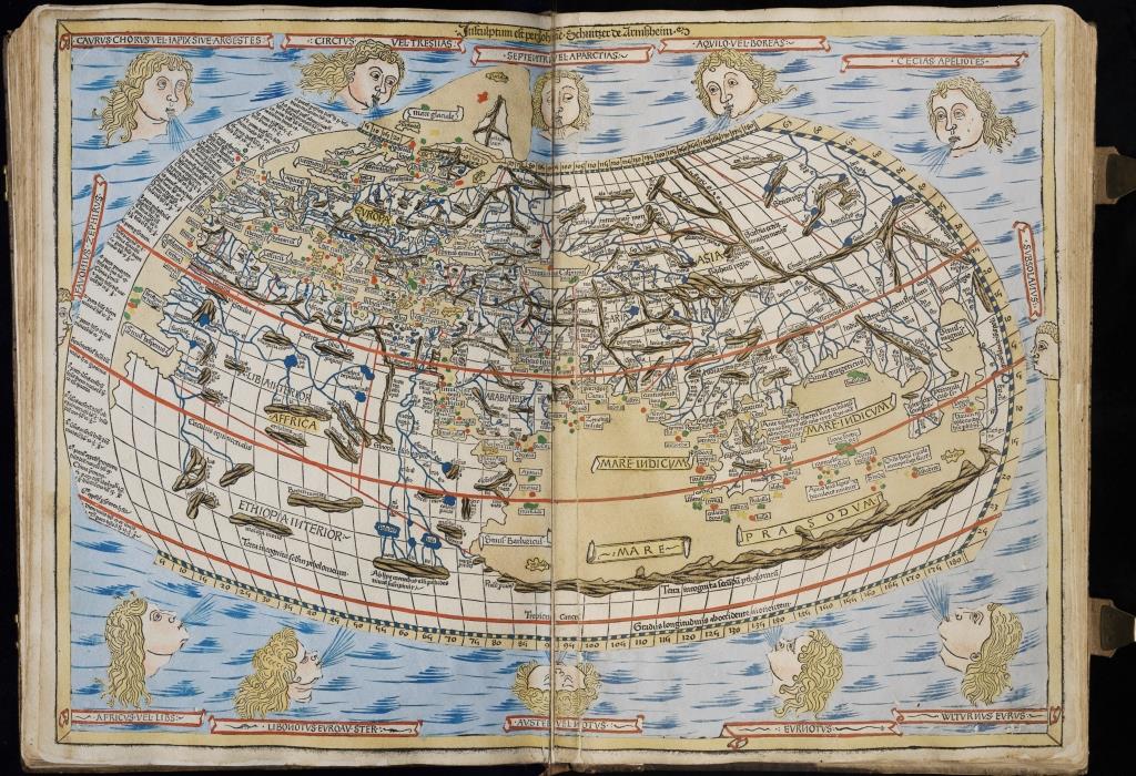 Wereldkaart in atlas Cosmographia van Claudius Ptolemaeus (editie Ulm ...